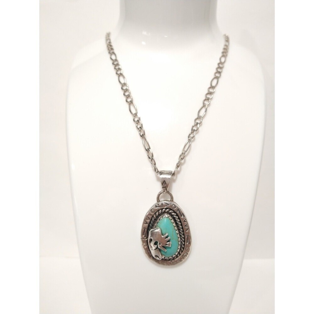 Vtg Native American Sterling Silver Kokopelli Turquoise Pendant Chain Necklace
